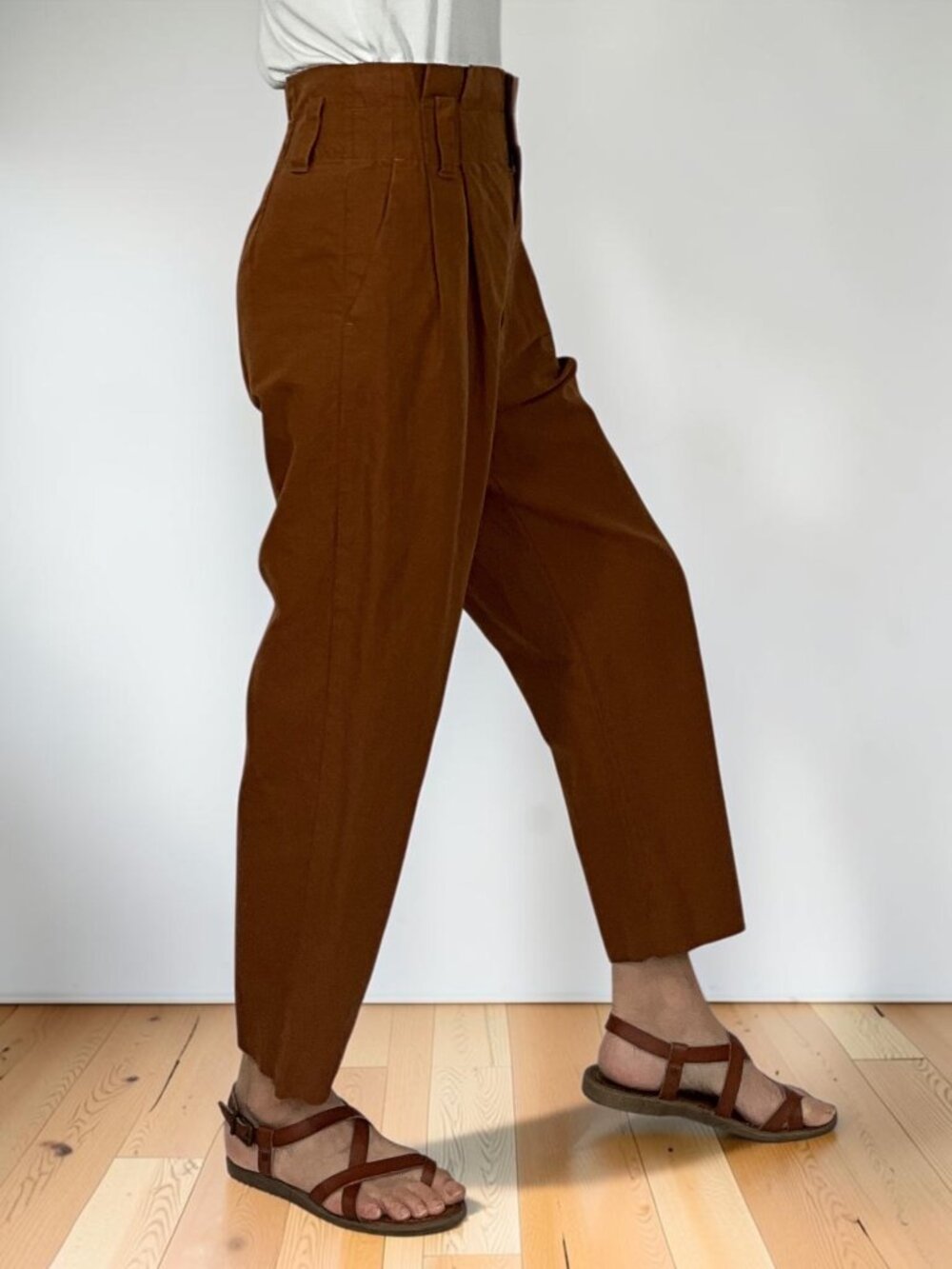 Zara Linen Cotton High Rise Tapered Pant XS Brown Paperbag Waist - Picture 5 of 16